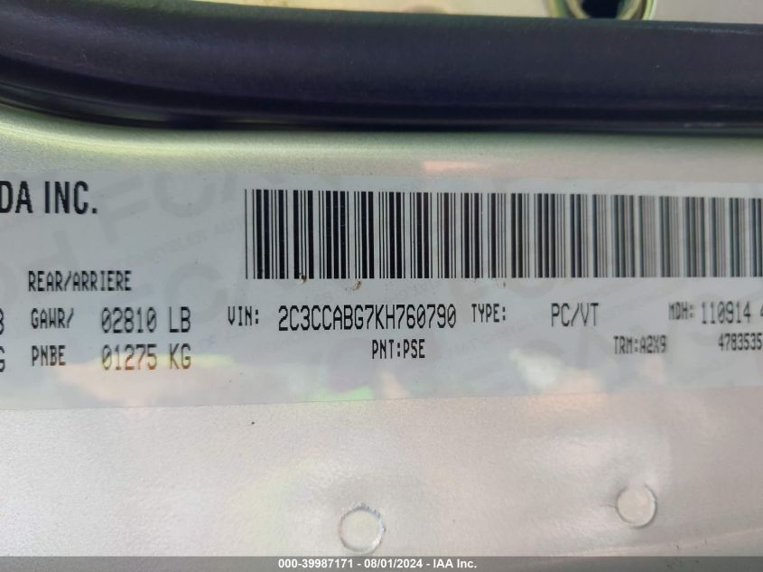 2019 Chrysler 300 S VIN: 2C3CCABG7KH760790 Lot: 39987171