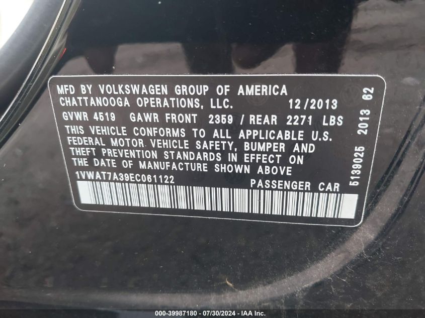 2014 Volkswagen Passat 1.8T Wolfsburg Edition VIN: 1VWAT7A39EC061122 Lot: 39987180