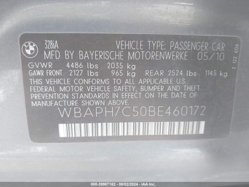 2011 BMW 328I VIN: WBAPH7C50BE460172 Lot: 39987182