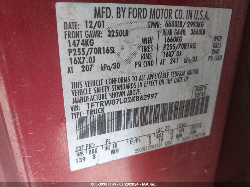 2002 Ford F-150 Lariat/Xlt VIN: 1FTRW07L02KB62997 Lot: 39987184