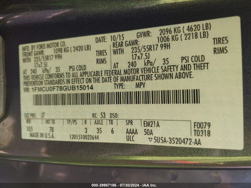 2016 Ford Escape S VIN: 1FMCU0F78GUB15014 Lot: 39987186