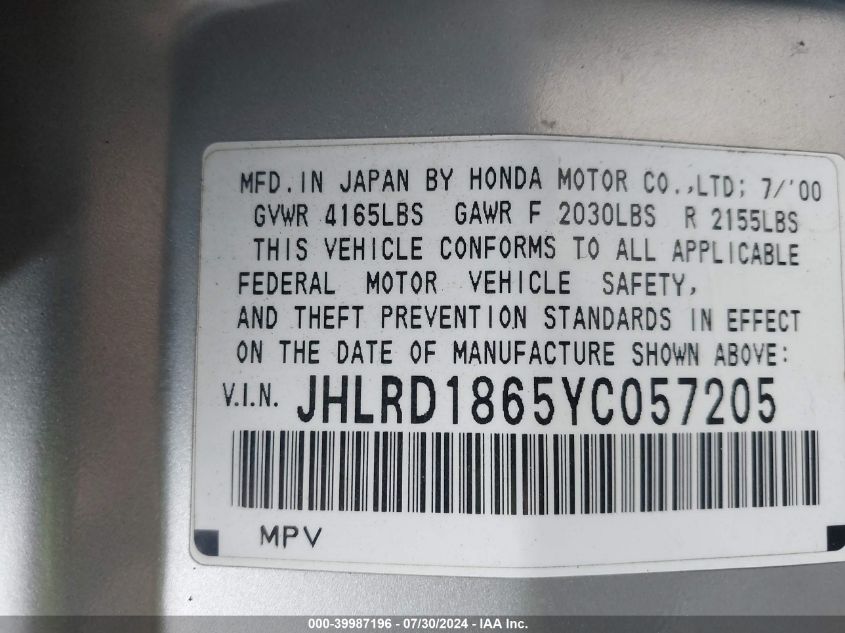 2000 Honda Cr-V Ex VIN: JHLRD1865YC057205 Lot: 39987196