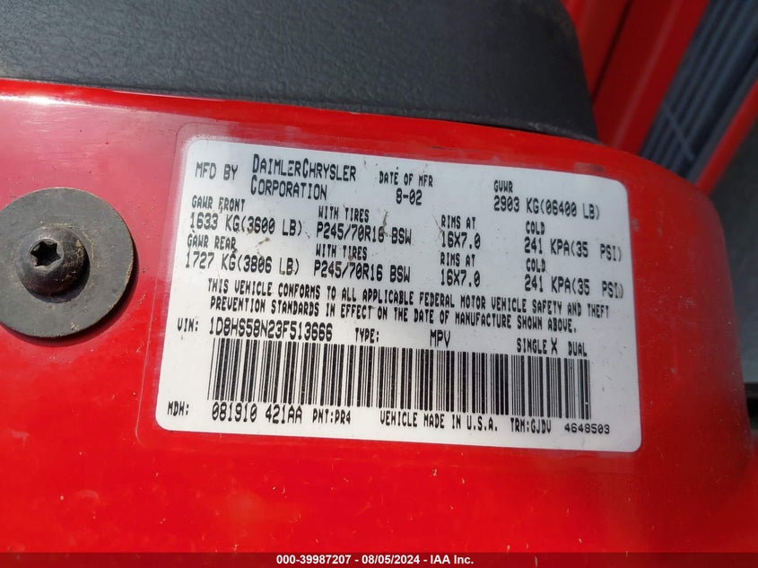 2003 Dodge Durango Slt Plus VIN: 1D8HS58N23F513666 Lot: 39987207