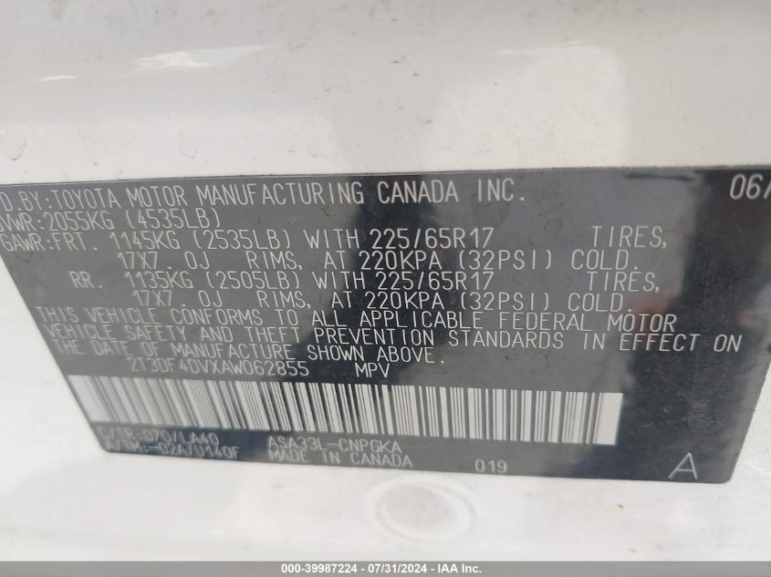 2010 Toyota Rav4 Limited VIN: 2T3DF4DVXAW062855 Lot: 39987224