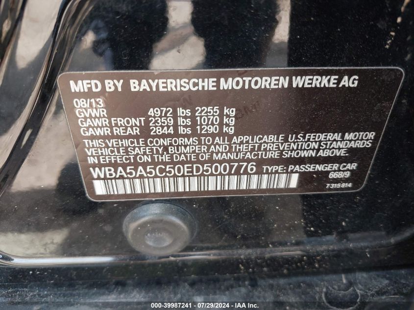 2014 BMW 528I VIN: WBA5A5C50ED500776 Lot: 39987241