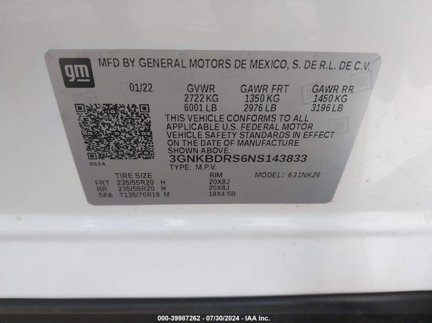 2022 CHEVROLET BLAZER 3LT - 3GNKBDRS6NS143833