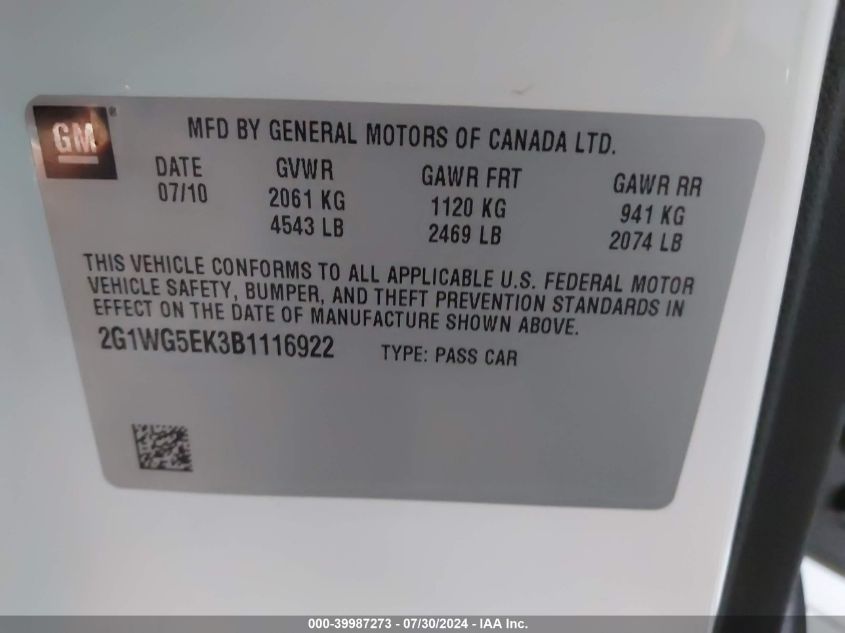 2011 Chevrolet Impala Lt VIN: 2G1WG5EK3B1116922 Lot: 39987273