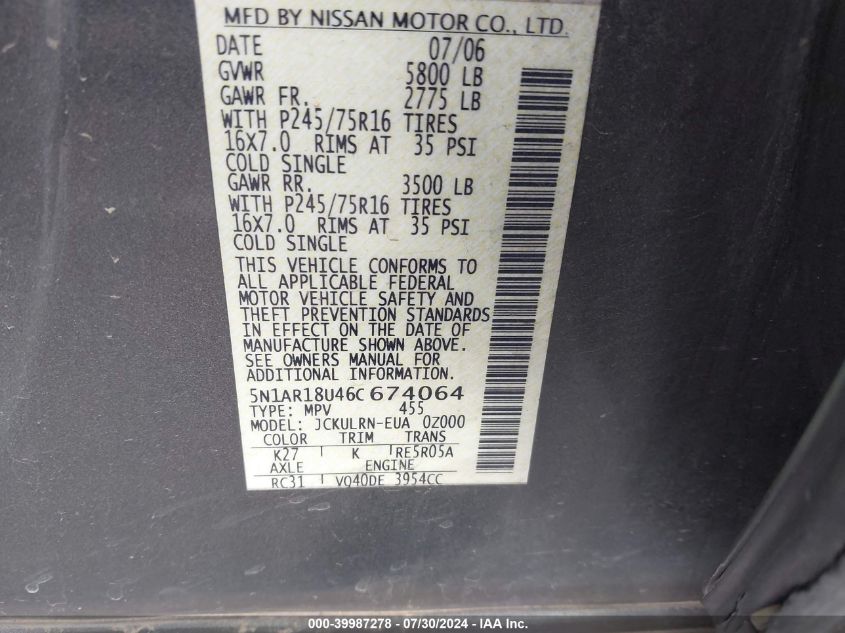2006 Nissan Pathfinder S VIN: 5N1AR18U46C674064 Lot: 39987278