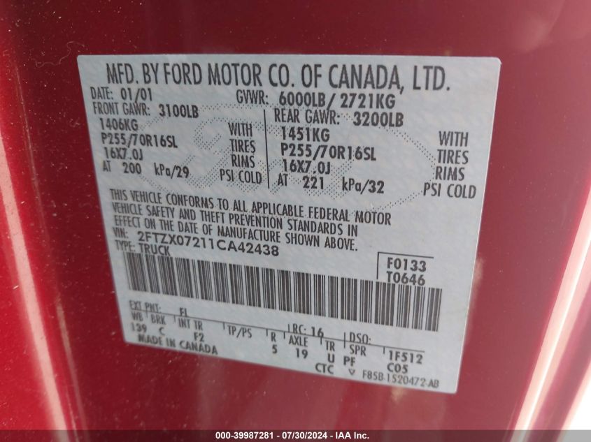 2001 Ford F-150 Xl/Xlt VIN: 2FTZX07211CA42438 Lot: 39987281