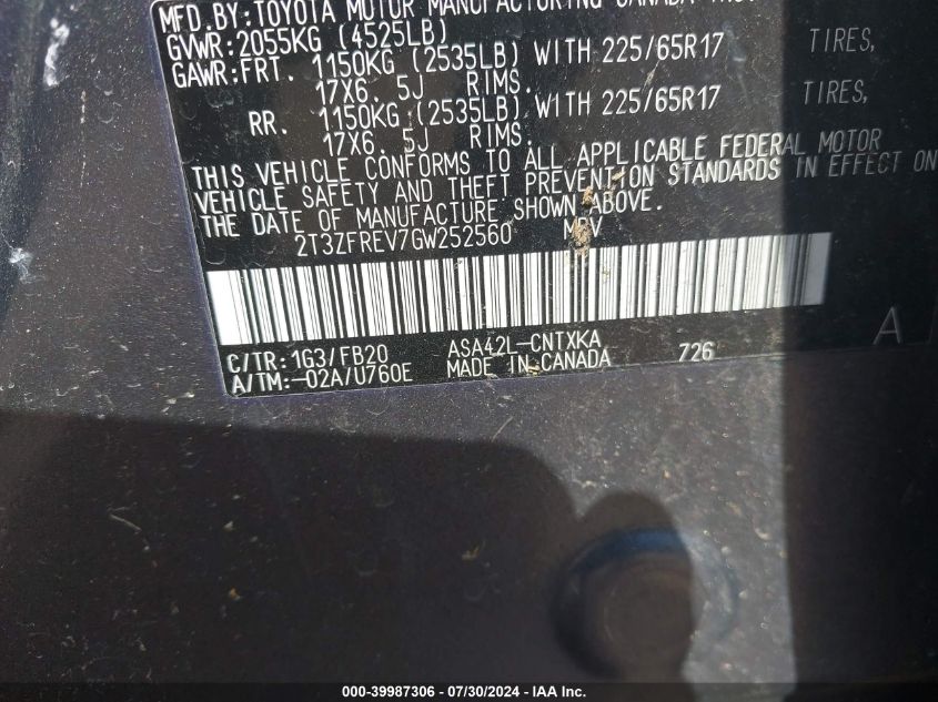 2016 Toyota Rav4 VIN: 2T3ZFREB7GW252560 Lot: 39987306