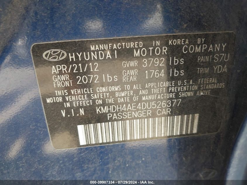 2013 Hyundai Elantra Gls (Ulsan Plant) VIN: KMHDH4AE4DU526377 Lot: 39987334