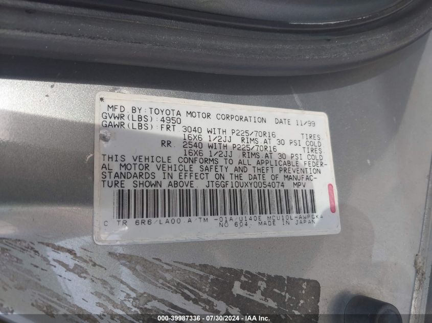 2000 Lexus Rx 300 VIN: JT6GF10UXY0054074 Lot: 39987336