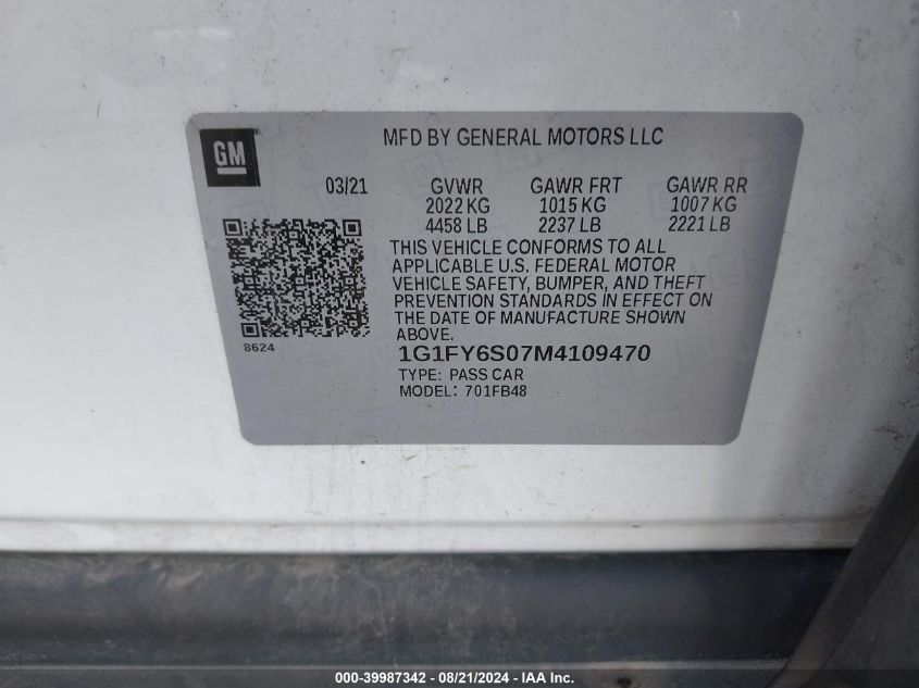 1G1FY6S07M4109470 2021 Chevrolet Bolt Ev Lt