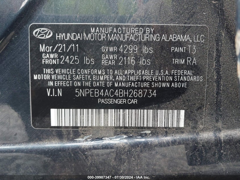 2011 Hyundai Sonata Gls VIN: 5NPEB4AC4BH268734 Lot: 39987347