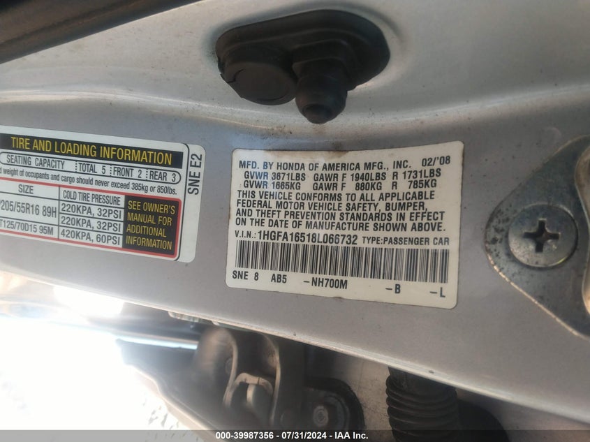 2008 Honda Civic Lx VIN: 1HGFA16518L066732 Lot: 39987356