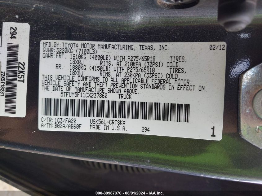 5TFUY5F11CX237860 2012 Toyota Tundra Grade 5.7L V8