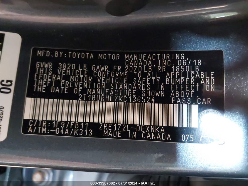 VIN 2T1BURHE7KC136524 2019 TOYOTA COROLLA LE