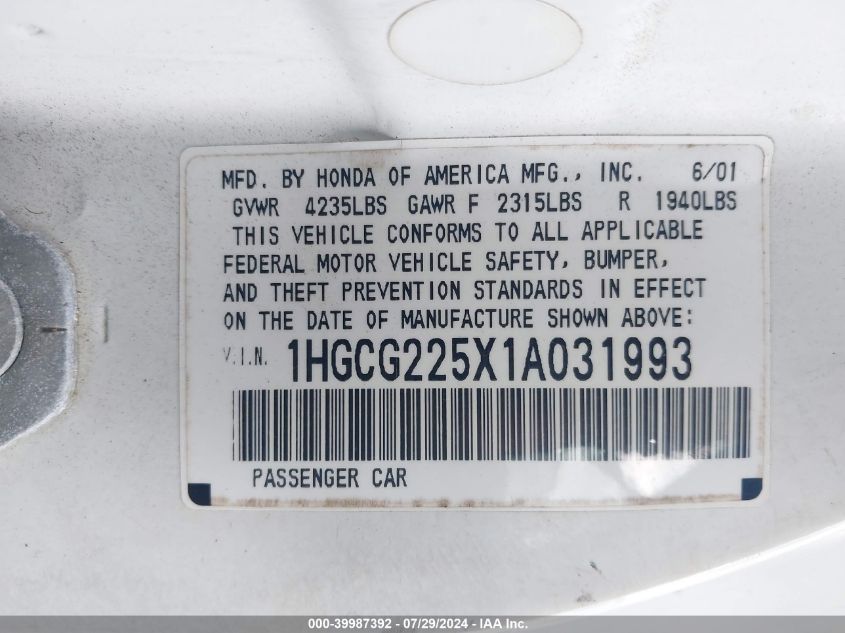 2001 Honda Accord 3.0 Ex VIN: 1HGCG225X1A031993 Lot: 39987392