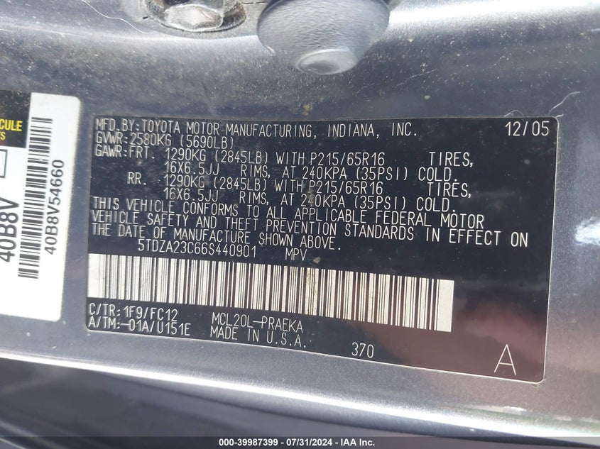 2006 Toyota Sienna Le VIN: 5TDZA23C66S440901 Lot: 39987399