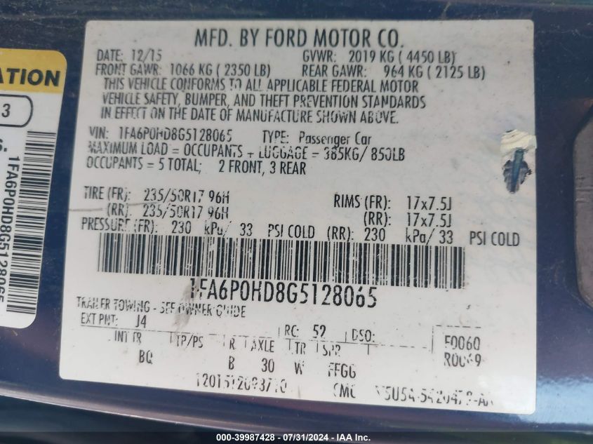 2016 FORD FUSION VIN: 1FA6P0HD8G5128065
