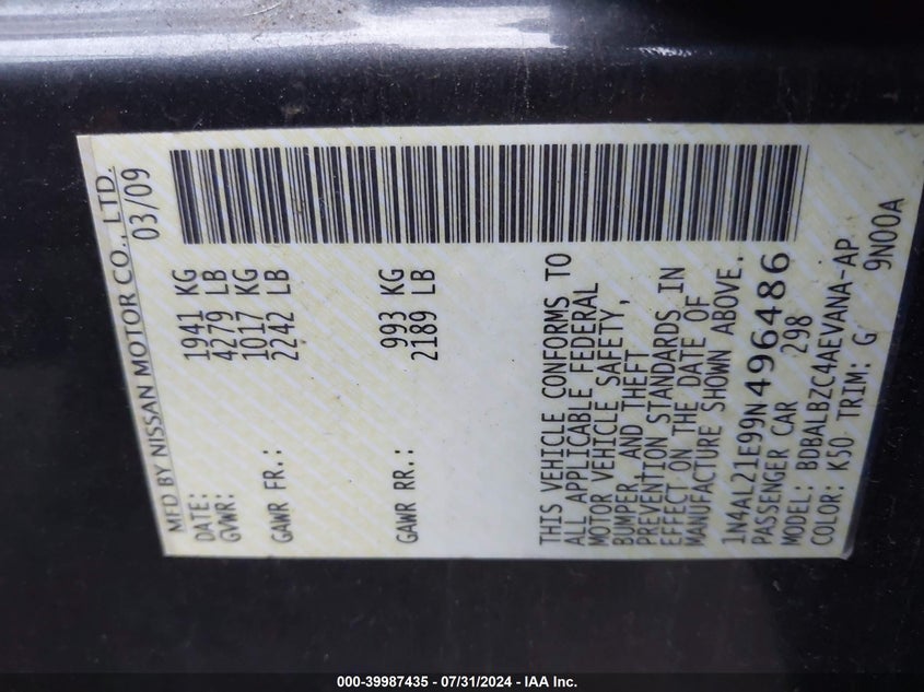 2009 Nissan Altima 2.5/2.5S VIN: 1N4AL21E99N496486 Lot: 39987435