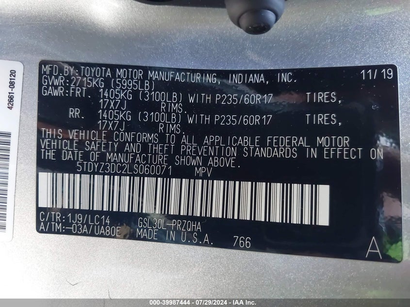 VIN 5TDYZ3DC2LS060071 2020 TOYOTA SIENNA XLE
