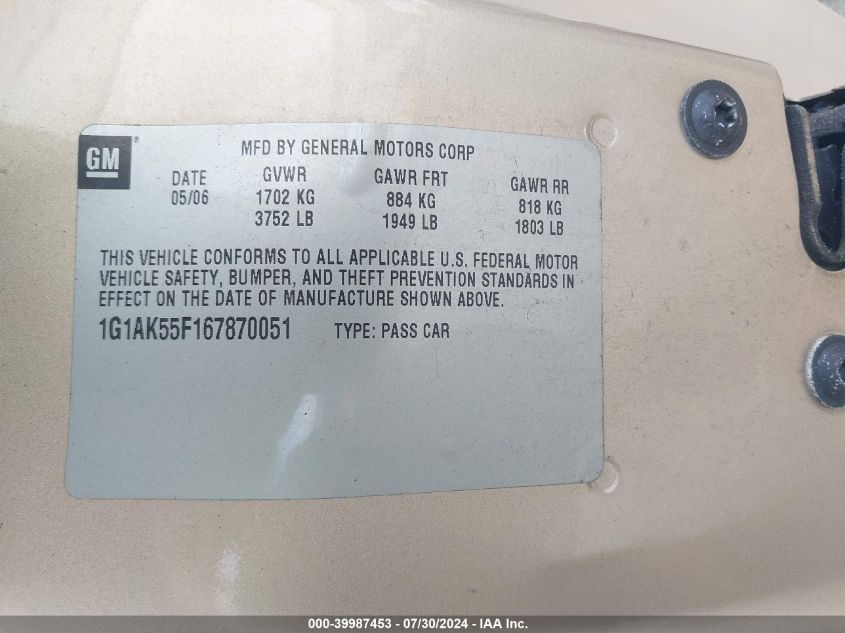 2006 Chevrolet Cobalt Ls VIN: 1G1AK55F167870051 Lot: 39987453