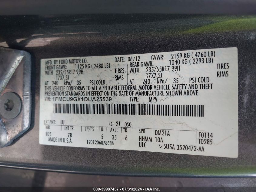 2013 Ford Escape Se VIN: 1FMCU9GX1DUA25539 Lot: 39987457