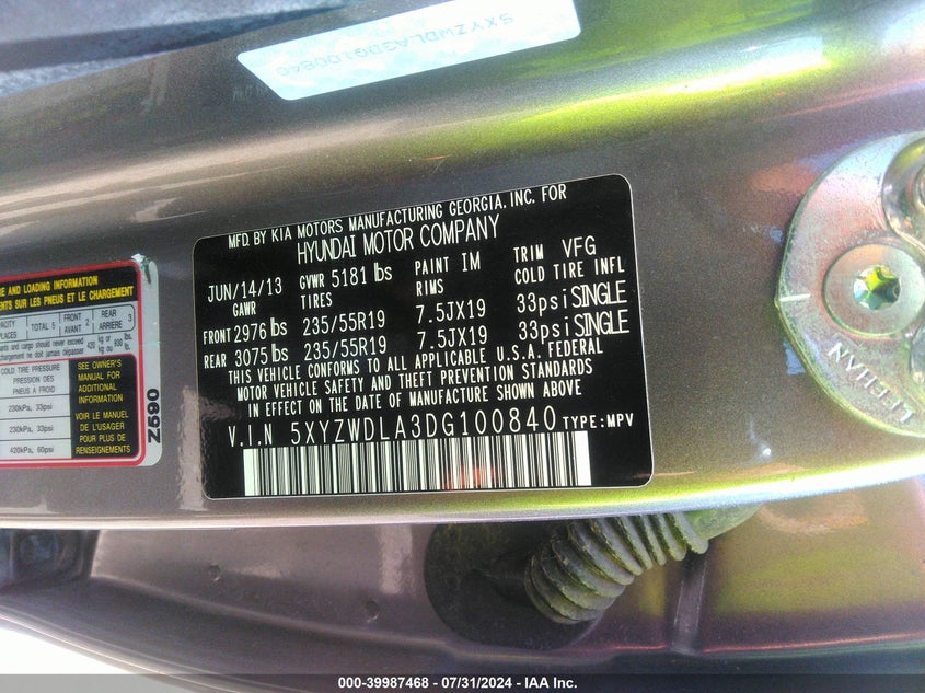 2013 Hyundai Santa Fe Sport VIN: 5XYZWDLA3DG100840 Lot: 39987468