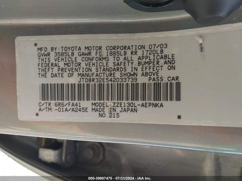 2004 Toyota Corolla Le VIN: JTDBR32E542033739 Lot: 39987470