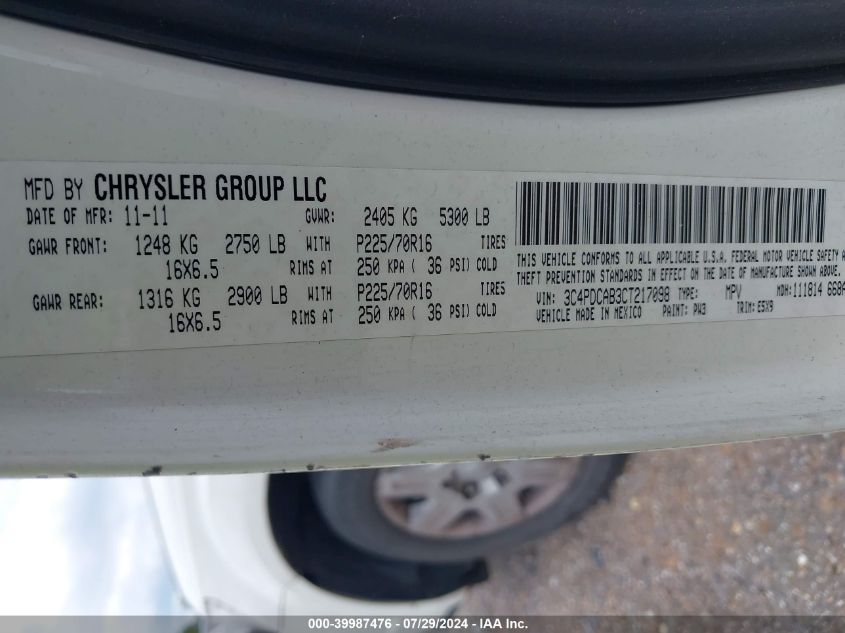 2012 Dodge Journey Se/Avp VIN: 3C4PDCAB3CT217098 Lot: 39987476