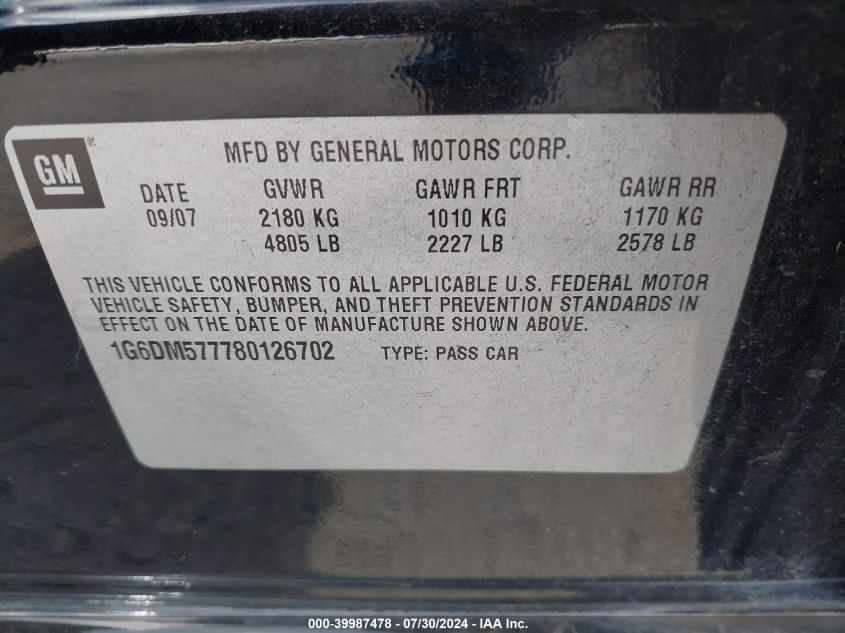 2008 Cadillac Cts Standard VIN: 1G6DM577780126702 Lot: 39987478