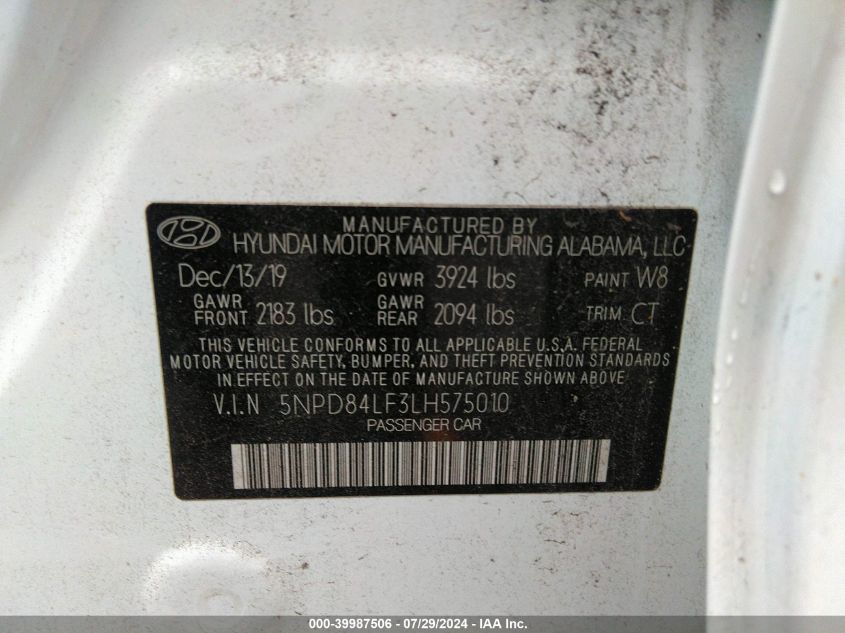 5NPD84LF3LH575010 | 2020 HYUNDAI ELANTRA