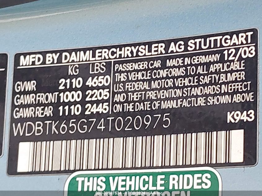 2004 Mercedes-Benz Clk 320 VIN: WDBTK65G74T020975 Lot: 39987534