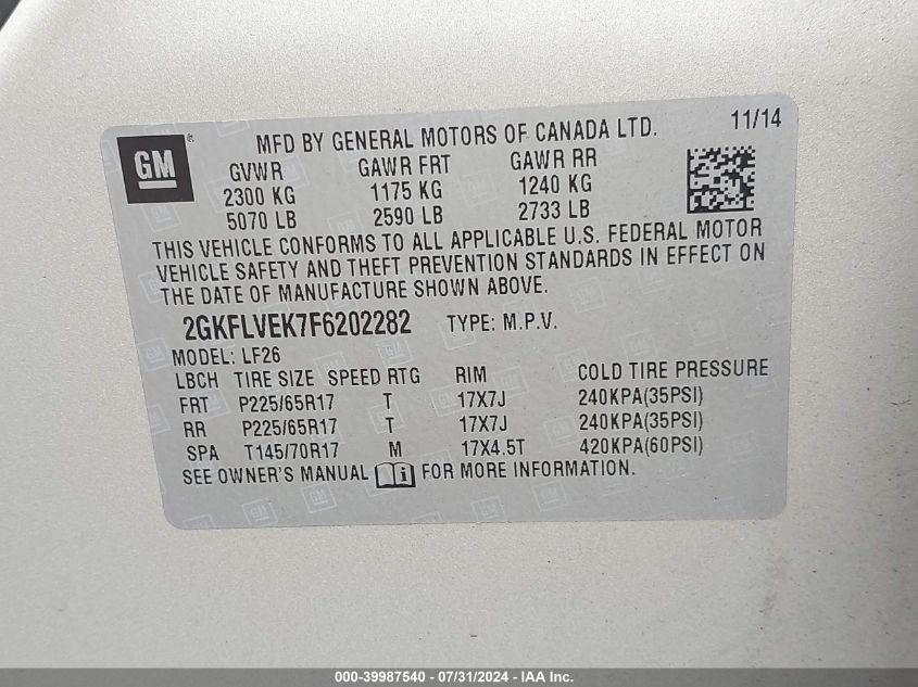 2015 GMC Terrain Sle-1 VIN: 2GKFLVEK7F6202282 Lot: 39987540