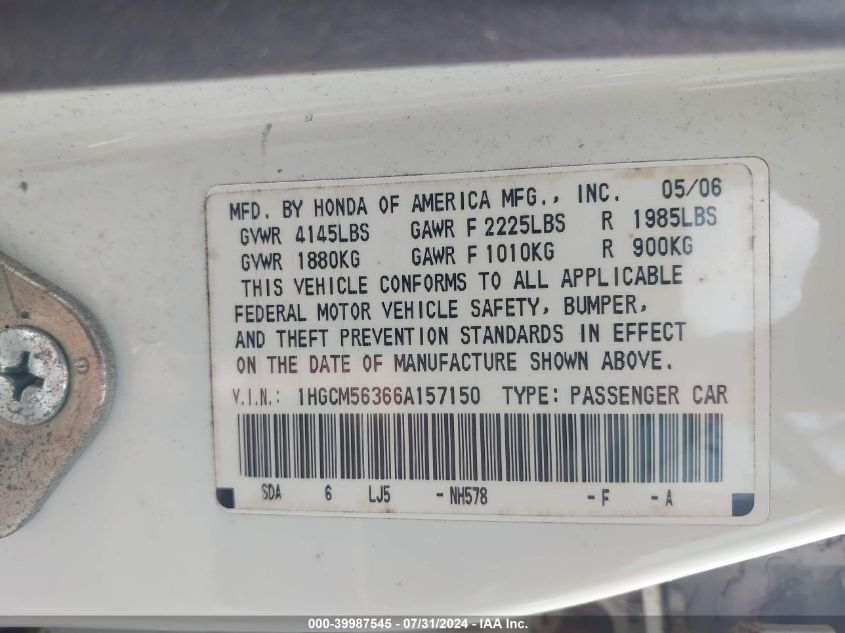 2006 Honda Accord 2.4 Se VIN: 1HGCM56366A157150 Lot: 39987545