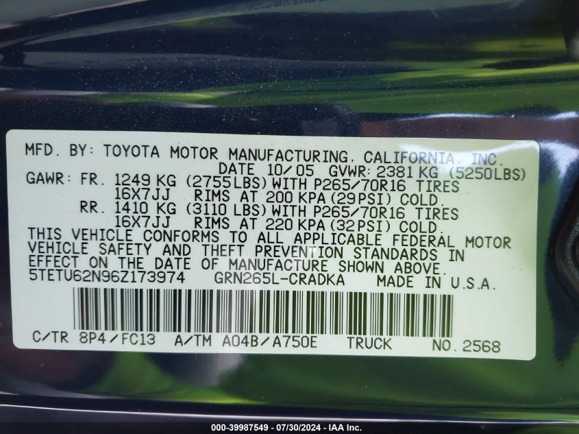 2006 Toyota Tacoma Prerunner V6 VIN: 5TETU62N96Z173974 Lot: 39987549