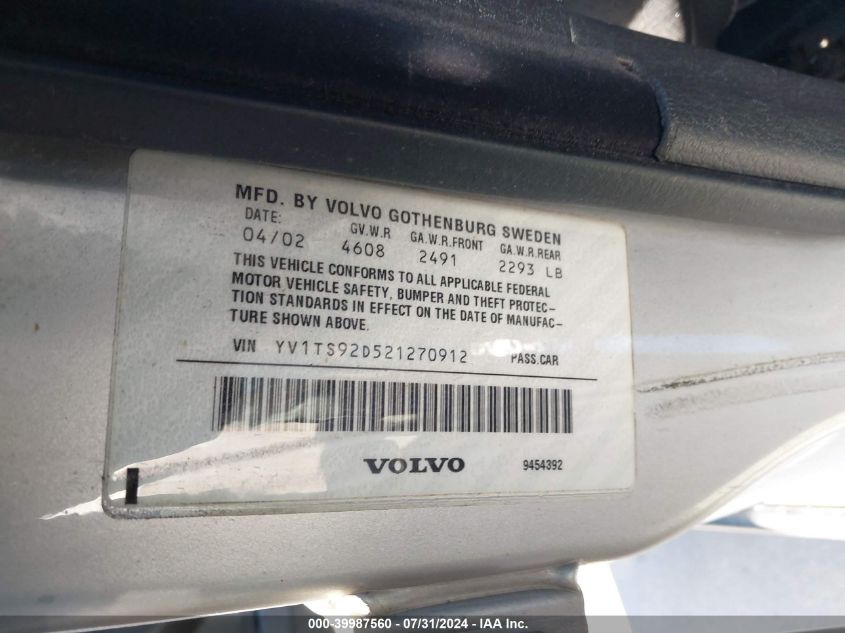 2002 Volvo S80 2.9 VIN: YV1TS92D521270912 Lot: 39987560