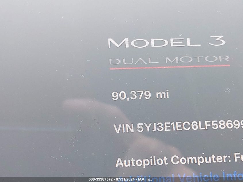 2020 Tesla Model 3 Performance Dual Motor All-Wheel Drive VIN: 5YJ3E1EC6LF586992 Lot: 39987572