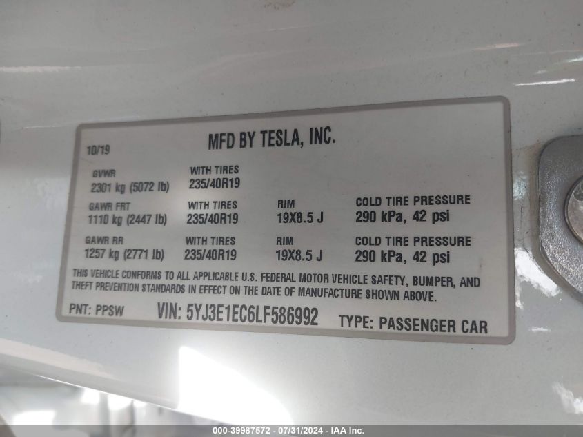 2020 Tesla Model 3 Performance Dual Motor All-Wheel Drive VIN: 5YJ3E1EC6LF586992 Lot: 39987572