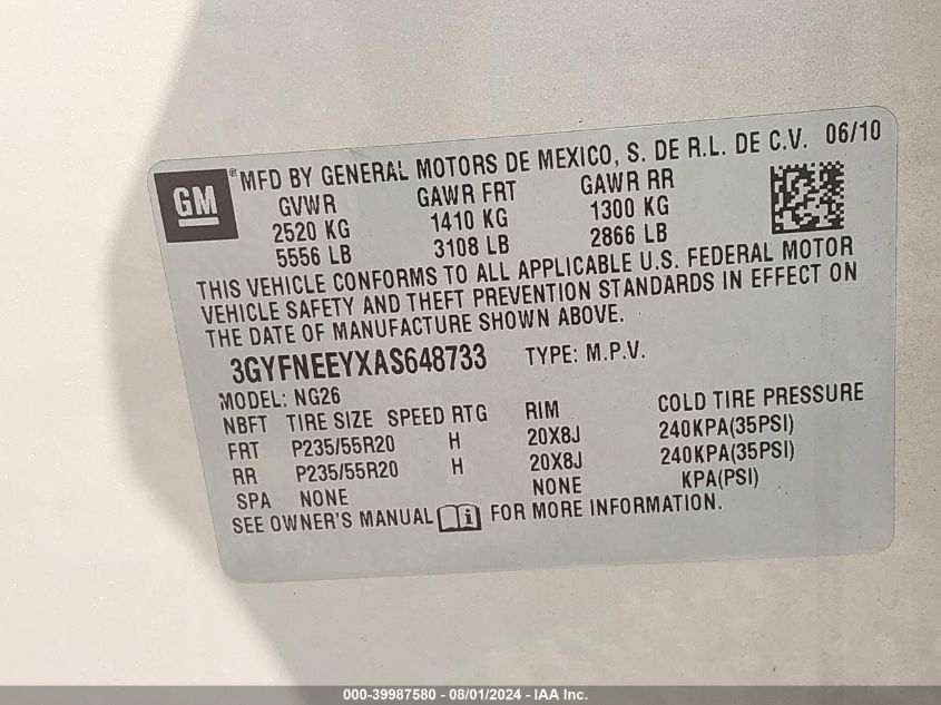 2010 Cadillac Srx Performance Collection VIN: 3GYFNEEYXAS648733 Lot: 39987580