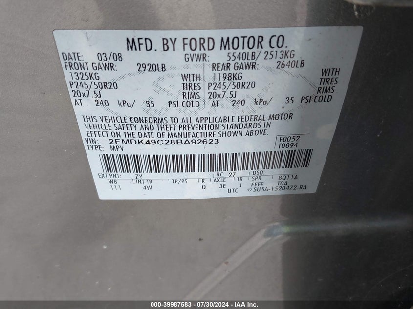 2008 Ford Edge Limited VIN: 2FMDK49C28BA92623 Lot: 39987583