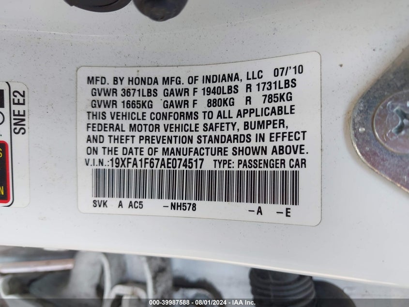 2010 Honda Civic Lx-S VIN: 19XFA1F67AE074517 Lot: 39987588