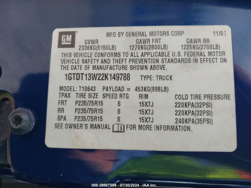 2002 GMC Sonoma VIN: 1GTDT13W22K149788 Lot: 39987589