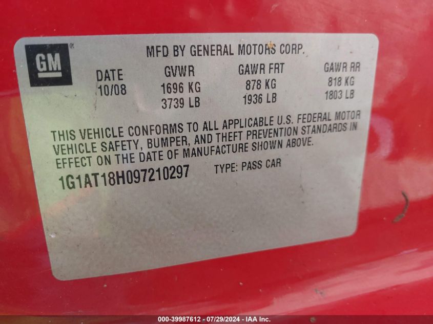 2009 Chevrolet Cobalt Lt VIN: 1G1AT18H097210297 Lot: 39987612
