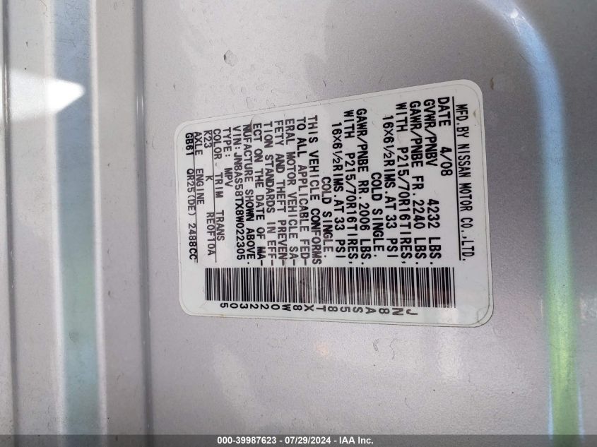 2008 Nissan Rogue S VIN: JN8AS58TX8W022305 Lot: 39987623