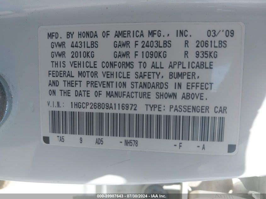 2009 Honda Accord 2.4 Ex-L VIN: 1HGCP26809A116972 Lot: 39987643