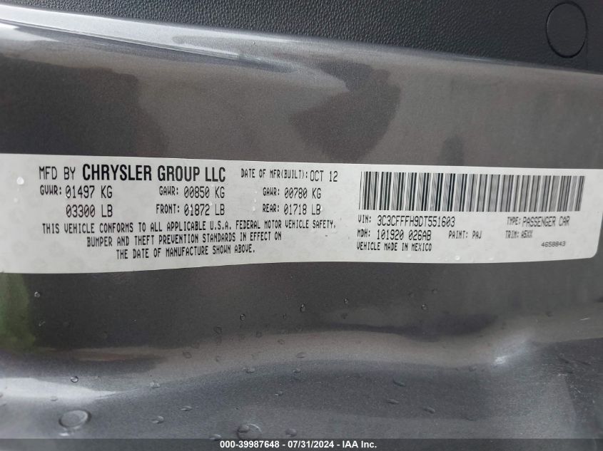 2013 Fiat 500 Abarth VIN: 3C3CFFFH9DT551603 Lot: 39987648