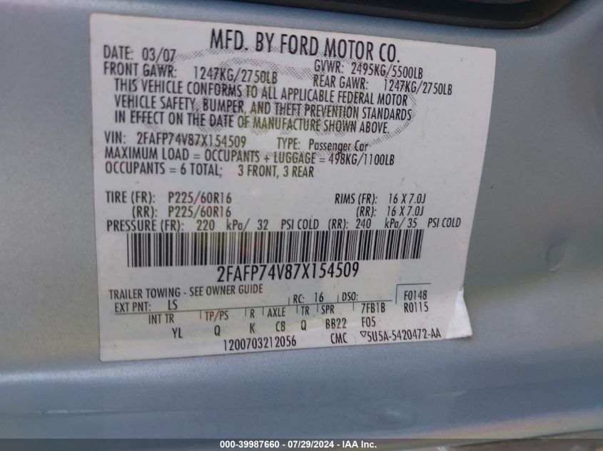 2007 Ford Crown Victoria Lx VIN: 2FAFP74V87X154509 Lot: 39987660