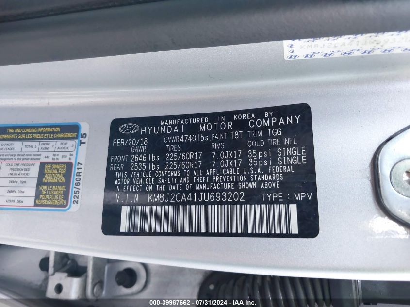 2018 Hyundai Tucson Se VIN: KM8J2CA41JU693202 Lot: 39987662